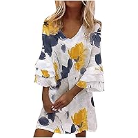 Women's Summer Casual Dresses Sexy V Neck 3/4 Bell Sleeve Boho Dress Fashion Floral Print Beach Vacation Dresses