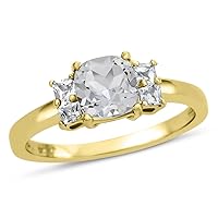 Solid 10k White, Yellow Gold or 6x6mm Cushion-Cut Center Stone with Side White Topaz Ri
