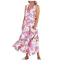 Pure Linen Dresses for Women Scoop Neck Sexy Beach Party Maxi Dress Sleeveless Tank Flowy Sundress with Pocket
