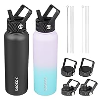 BJPKPK 2 Pack Insulated Water Bottles with Straw Lids, 40oz Stainless Steel Metal Water Bottle with 6 Lids, Leak Proof BPA Free Thermos, Cups, Flasks for Travel, Sports (Oasis+Black)