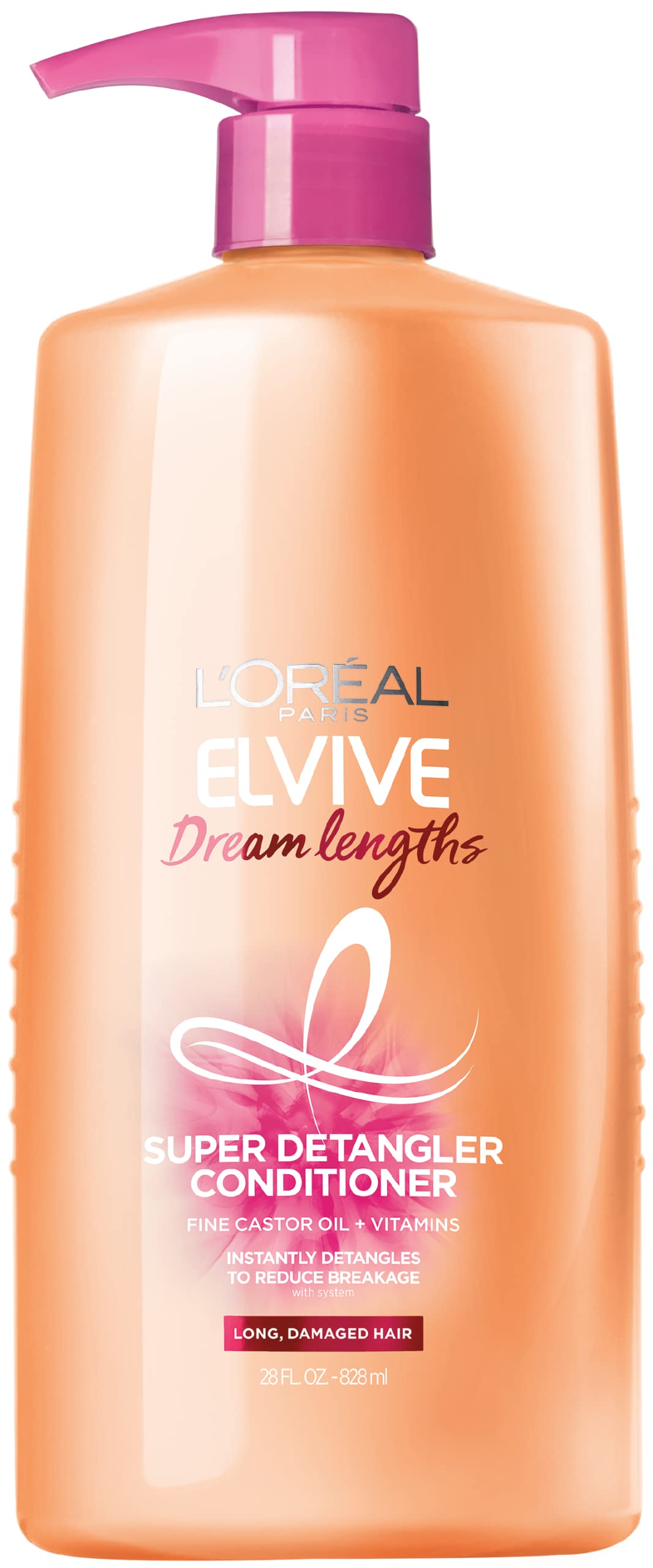 L'Oreal Paris Elvive Dream Lengths Super Detangling Conditioner With Fine Castor Oil and Vitamins B3 and B5 for Long, Damaged Hair, Instantly Detangles To Reduce Breakage With System, 28 Fl Ounce
