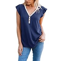 Summer Tops Casual Ruffle Short Sleeve Top V Neck Lace Tunic Tank Tops Tee Blouse for Women