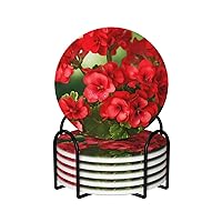 Ceramic Coasters Set of 6 Drink Coasters with Metal Holder Red Geraniums Ceramic Coaster for Drink Tabletop Protection Cup Mat for Bar Decorate Cup pad for Coffee Table Kitchen