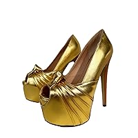 Frankie Hsu Ladies Sexy Elegant Platform Stiletto High Heeled Pumps, Cute Lovely Gold Knot Bow Style, Big Large Size US4-19 Dressy Shoes for Women Men