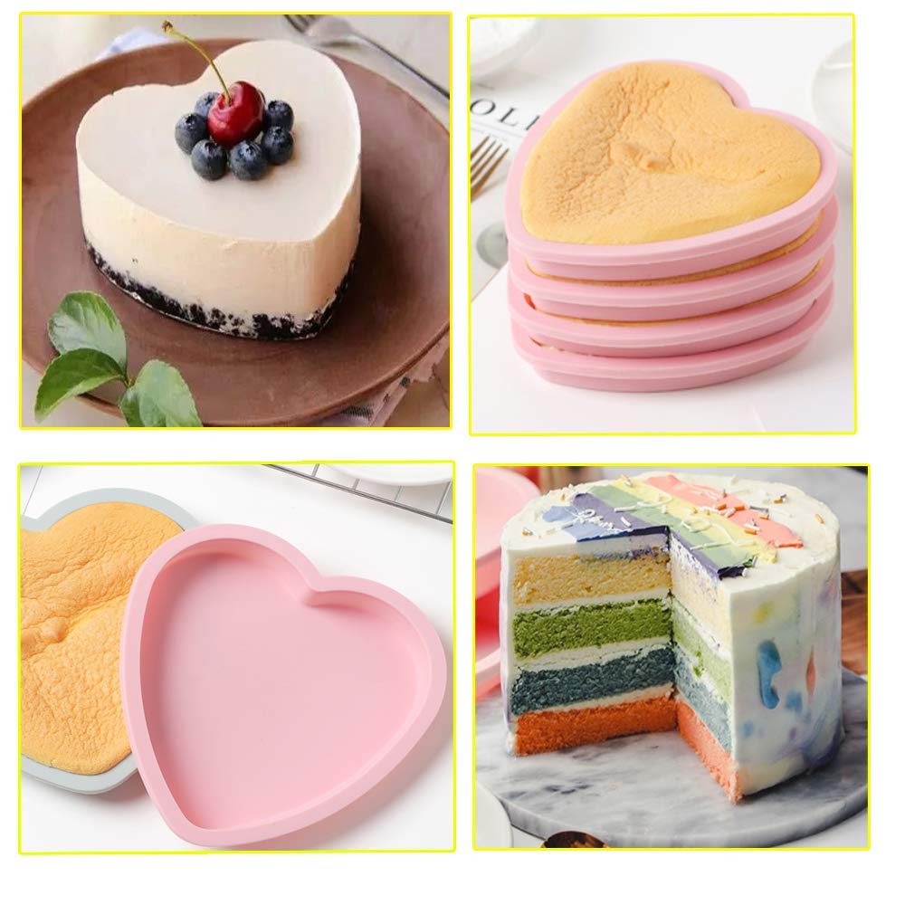 POKALI 4Pcs 8in Silicone Heart Shaped Rainbow Cake Baking Pans, Layer Cake Pan Set, Non-Stick Silicone Cake Bakeware +1Silicone spatula (pink)