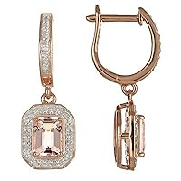 Emerald Cut Morganite & Diamond Dangle Earrings Solid Sterling Silver & Plated Rose Gold