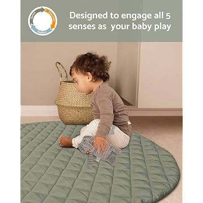 Baby Play Gym Mat, Stage-Based Sensory and Motor Skill Development Tummy Time Activity Mat with 6 Toys for Infant, Newborn Essentials, Non Slip Washable (Roman Green)
