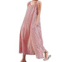 chouyatou Women's Casual Loose-Fit Cotton and Linen Plaid Tank Maxi Dress with Pockets
