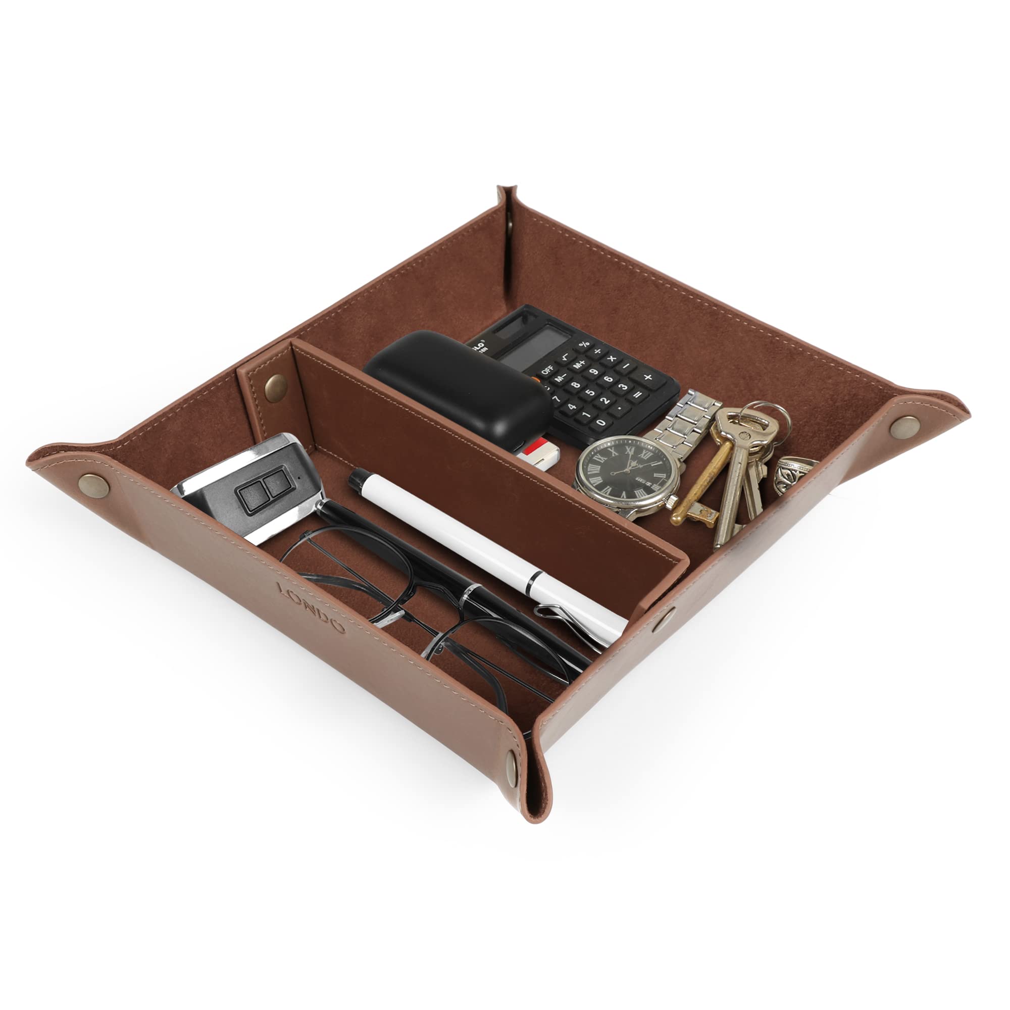 Londo Leather Tray Organizer - Practical Storage Box for Wallets, Watches, Keys, Coins, Cell Phones and Office Equipment