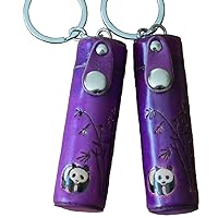 A Pair set (2 pieces) Real leather ChapStick, toothPick Holder, Pill Case.Giant Panda Pattern (Purple)
