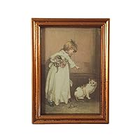 Melody Jane Dollhouse Girl and Cat Picture Painting in Wooden Frame Miniature Accessory