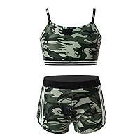 Kids Girls Camouflage Athletic Tracksuit Tankini Outfit Sleeveless Crop Top with Bottoms Set for Gymnastics Workout