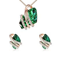 Leafael Wish Stone Necklace and Stud Earrings Jewelry Set for Women, May Birthstone Emerald Green Crystal Jewelry, Silver Tone Gifts for Women