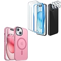 CANSHN Magnetic Case for iPhone 15 Case Pink + 3+3 Pack for iPhone 15 Screen Protector Tempered Glass & Camera Lens Protector - 6.1 Inch