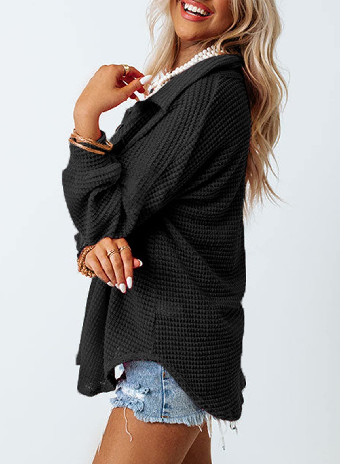 Dokotoo Womens Waffle Knit Shacket Jacket Casual Long Sleeve Button Down Shirts Dressy Blouses Tops