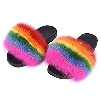 Real Fox Fur Slides for Women - Furry Slides Fluffy Fur Slippers Open Toe Flat Slides Fur Sandals Outdoor