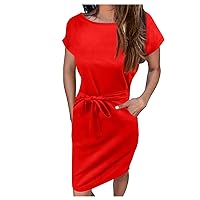 Womens Elegant Summer Dresses Trendy Short Sleeve Crewneck T Shirts Dress Tie Waist Office Pencil Dress with Pockets