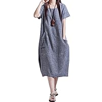 Women's Cotton Linen Long Summer Dress Short Sleeves Maxi Dresses with Pockets