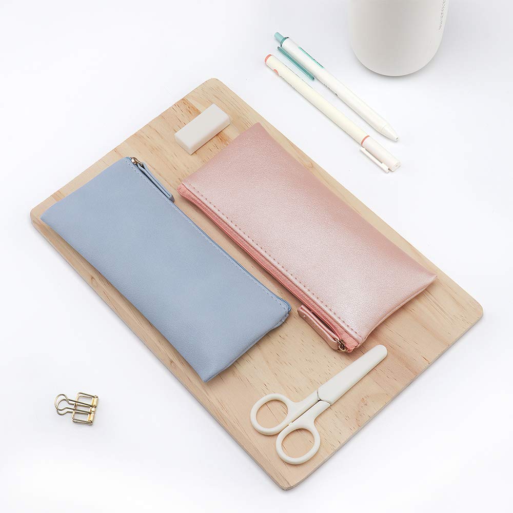 EONMIR PU Leather Pencil Cases Pouch Bag with Zipper,Small Simple Pencil Pouches, Makeup Pouch, Cosmetic Pouch (Blue+Pink)