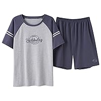 Summer Mens' Short Sleeve Cotton Pajama Set with Pants Soft Comfortable Sleepwear Set Casual Loungewear Sets