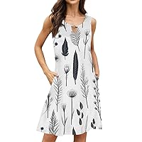 Dress for Women Casual Summer Plus Size Printed Tank Sleeveless Dress Hollow Out Loose Beach Dress with Pocket