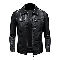Men's Vintage Faux Leather Jacket Zip Up Long Sleeve Motorcycle Coat PU Lapel Lightweight Slim Fit Jackets