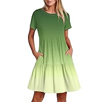 Women's Summer Dresses Gradient Printed Casual Short Sleeve Crew Neck T Shirt Dress Beach Mini Dresses with Pockets