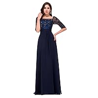 Navy Blue Sheer Sleeve A Line Chiffon Gown With Floral Embroidery