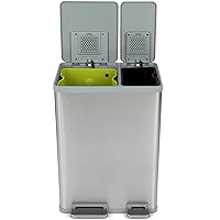 60 Liter / 16 Gallon Rectangular Hands-Free Dual Compartment Recycling Kitchen Step Trash Can with Soft-Close Lid, Brushed Stainless Steel (38L x 22L Capacity)