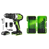Greenworks 24V Brushless Cordless Hammer Drill Kit, Batteries and Charger Included, with 21-Piece Black Oxide Drilling Bit Set