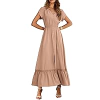 Women's Summer Casual Dress Puff Sleeve Ruffle Flowy Midi Dresses, S-2XL
