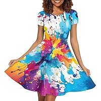 Women Paint Splatter Dress Splash Ink Printed Short Sleeve A Line Casaul Flowy Party Midi Dress