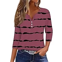 Women's Tops Dressy Casual 3/4 Sleeve, T Shirt Tee Button V-Neck Top Striped Tshirt Women Shirts for Trendy, S XXXL