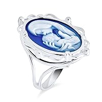 Delicate Victorian Vintage Antique Style Blue White Oval Statement Carved Mother & Child Loving Cameo Ring Portrait Son Daughter For Women New Mom .925 Sterling Silver
