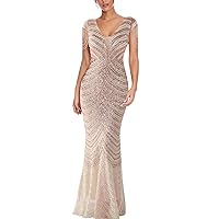 Women's V Neck Sequin Formal Evening Dress Tassel Bead Sleeve Mermaid Long Gown 1920S Party Maxi Military Dress