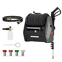Giraffe Tools Grandfalls Pressure Washer, Electric Wall Mounted Power Washer with 100FT Retractable Hose, Soap Tank and 4-Nozzle Set, Dark Silver