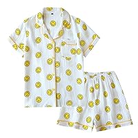 Women's Pajamas Set Smile Face Print Cotton Button Down Short Sleeve Shirt Shorts Sleepwear PJs Set