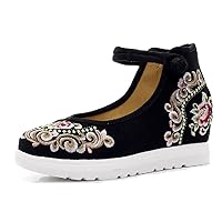 Women and Ladies Flower Embroidered Wedge Platform Mary-Jane Shoes Sandals Black