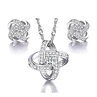Uloveido Silver Color Love Knot Jewelry Criss Cross Earrings and Necklace Sets, Cubic Zirconia Anniversary Jewelry Sets for Women, Fashion Wedding Jewelry Set for Bridal WHE43