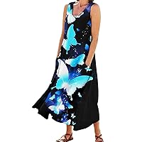Womens Elegant Printed Round Neck Pockets Casual Long Dress Daily Tank Dress Womens Suit Dress
