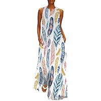 Boho Dress for Women,Casual Loose Sundress Long Dress Sleeveless Split Maxi Dresses Summer Beach Dress with Pockets