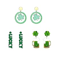 3 Pairs St. Patrick's Day Earrings for Women Girls, Irish Shamrock Acrylic Dangle Earrings Green Hat Clover Horseshoe Drop Earrings Good Luck St Patrick Jewelry Gift