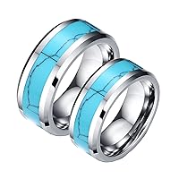 ANAZOZ Turquoise Wedding Rings for Couples, Tungsten Promise Ring Set 8MM Silver Blue Wedding Bands Engraved