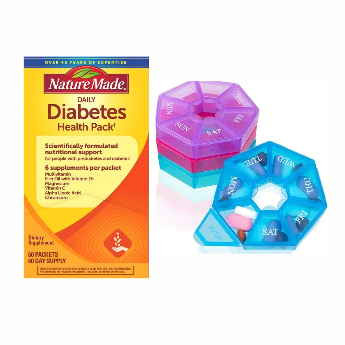 Nature Made Diabetes Health Pack 60 packets bundle with Textila Pill Organizer