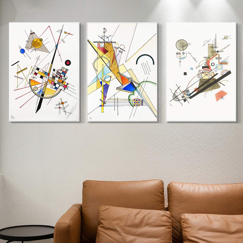 INVIN ART Framed Streched Canvas Giclee Print Combo Painting 3 Pieces by Wassily Kandinsky Wall Art Series#001 Living Room Home Office Decorations(White Slim Frame,24
