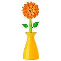 Flower Power Orange Dish Brush with Vase, 10-Inches, Orange, Green