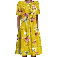 Women's 2024 Summer Casual Flutter Short Sleeve Crew Neck Ruched A Line Midi Dress Boho Beach Swing Party Dresses