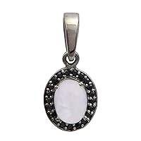 Sterling Silver Oval Cab Moonstone Surrounded by Black Spinel Dangling Pendant