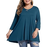 MONNURO Womens Plus Size 3/4 Sleeve V Neck Button Casual Loose Flowy Swing Tunic Tops Basic Tee Shirts for Leggings
