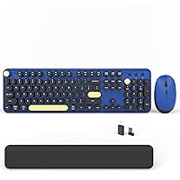 Wireless Computer Keyboards Mouse Combos, COVEVA Colorful Typewriter Retro Keyboard with Round Keycaps, USB Keyboard and Mouse Set 2.4GHz Full-Size Wireless Keyboard and Optical Mouse（Black-Blue）